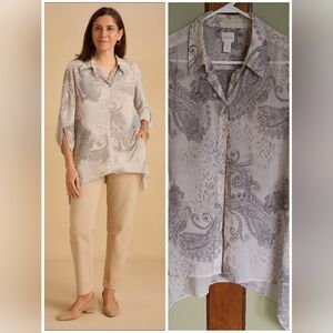 Chico's: Boho-Chic Paisley Paisley Tunic Top In Neutral Taupe & Grey